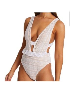 River Island  Peplum High Waist Cut Out One Piece Swim Suit Off White Lace